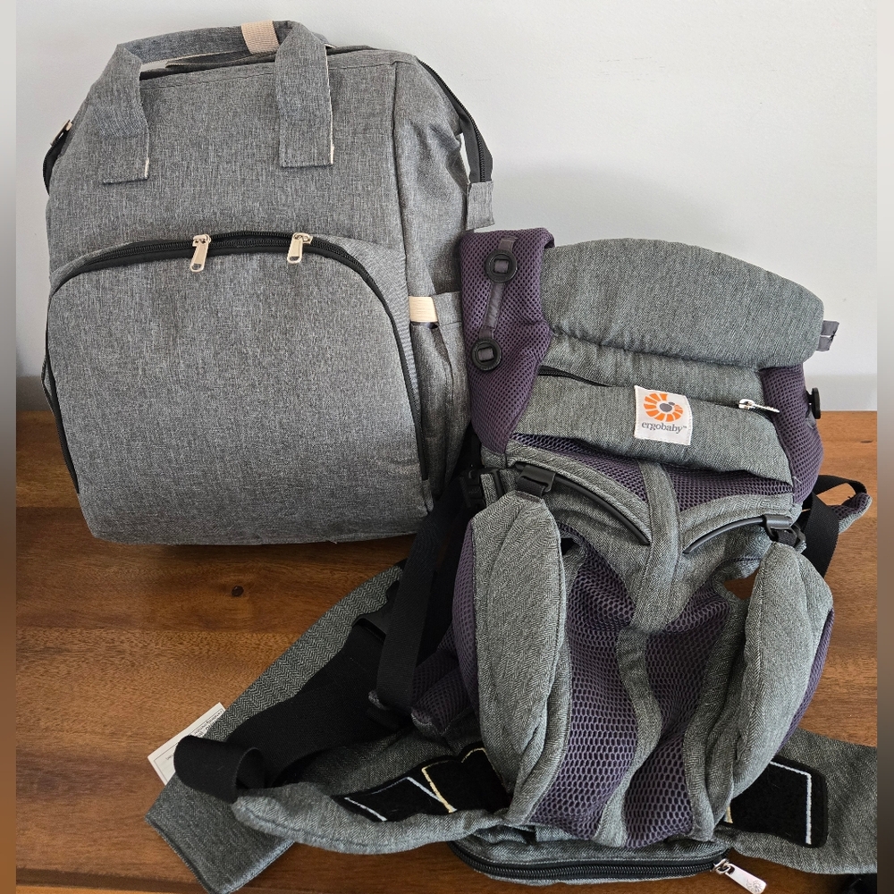 Ergobaby and Matching Gray Backpack that is a Convertible Changing Station
